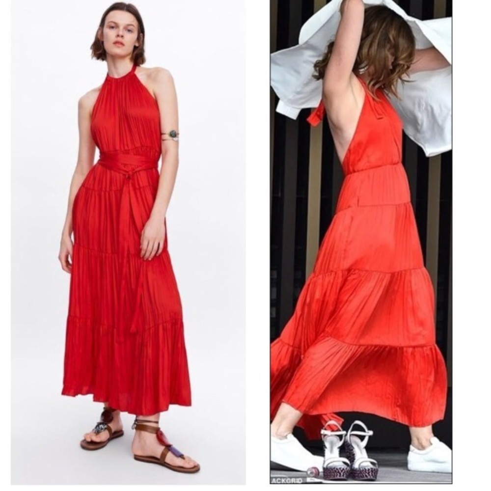 Zara Red Orange Tiered Halter Maxi Summer Sundress